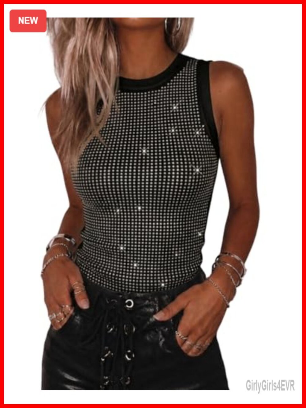 Rhinestone Ribbed Sleeveless Mock Neck Going Out Tank Top